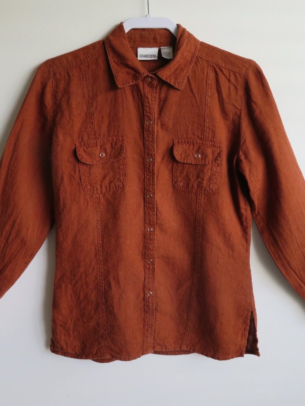 Chico's Brown Linen Button Up Snap Shirt Size 0 Women's S